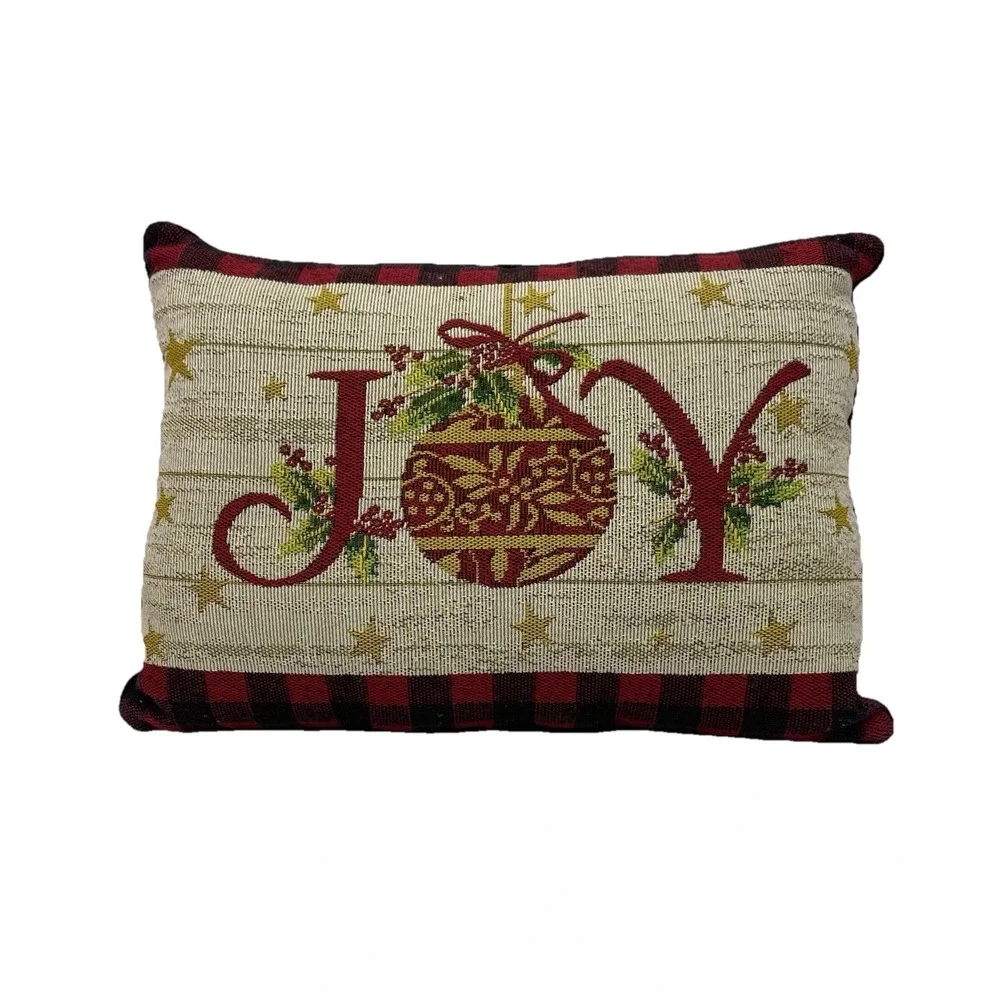 Boutique Christmas Joy Tapestry Throw Pillow 15x11 Rustic Buffalo Check